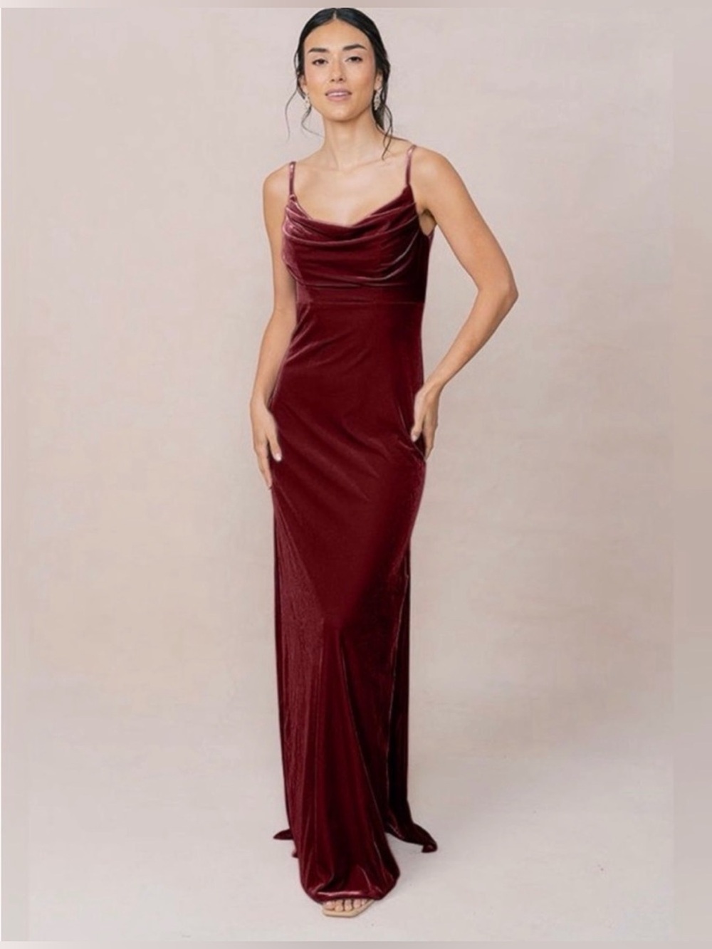 Revelry Skye Velvet Cowl Side Slit Maxi Bridesmaid Dress Gown Burgundy Wine 12